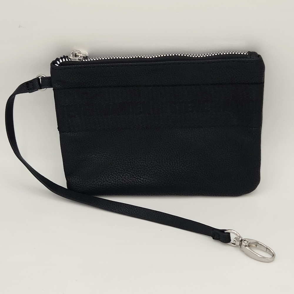 Steve Madden Black Faux‎ Leather Logo Wristlet Pouch Silver Tone Hardware Zipper